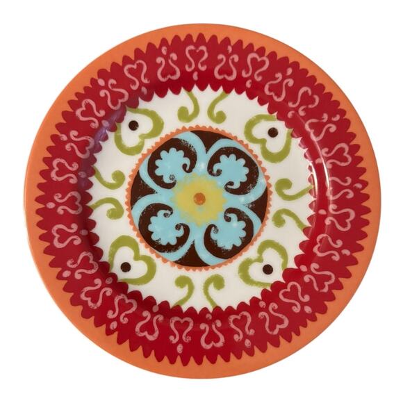 Anthropologie Folk Art Heart Salad Dessert Plates Set of 4 Worn Chic Look - Picture 2 of 4